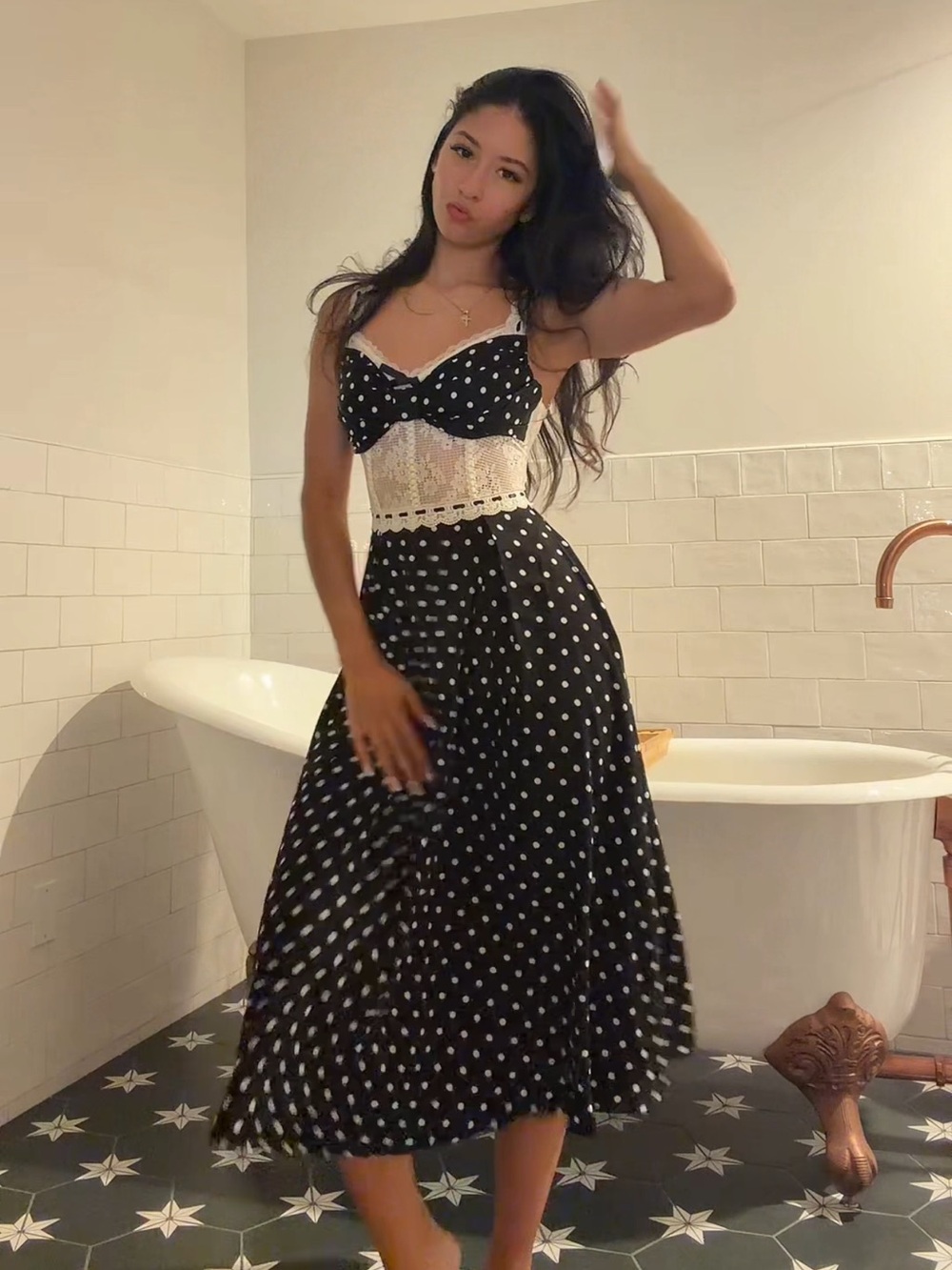 Polka Dot A-Line Midi Skirt with Lace Waist